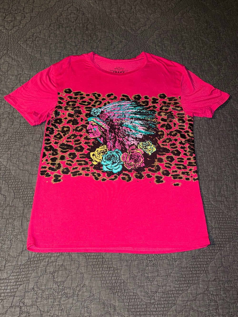 Crazy Train Hot Pink Short Sleeve Tee W/Leopard & Indian Floral Headdress Size-M